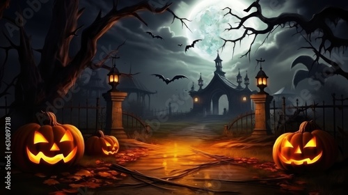 Halloween celebration background with pumpkin monster, light, and other decorations.