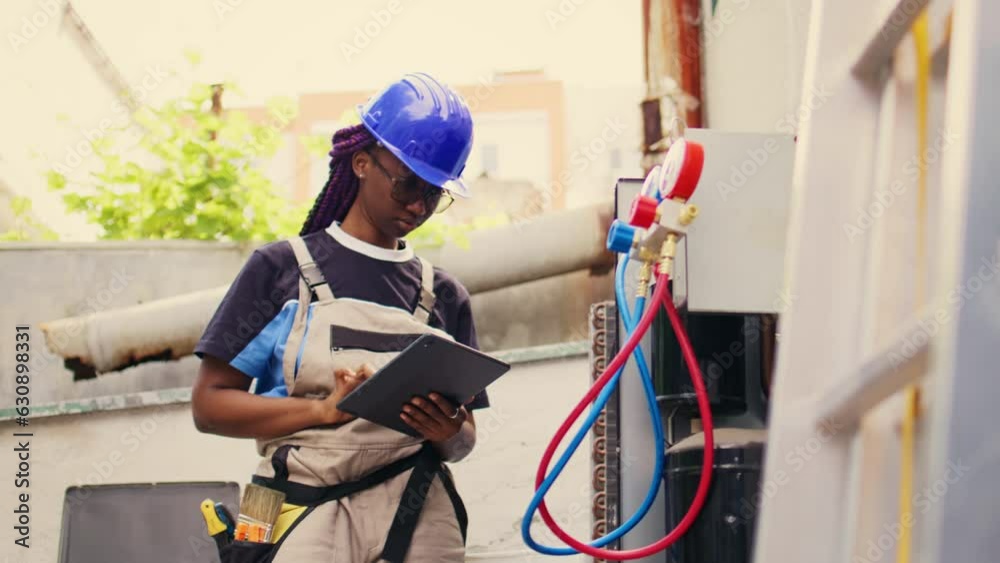 Knowledgeable professional calibrating ac gauges vacuum pump during comissioned condenser maintenance. Capable specialist looking for potential low pressure in air conditioner cooling system Knowledgeable professional calibrating ac gauges vacuum pump during comissioned condenser maintenance. Capable specialist looking for potential low pressure in air conditioner cooling system