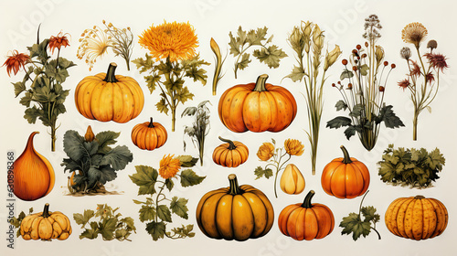 watercolor drawings of pumpkin and sunflower with flower arrangements isolated on a white background, in the style of detailed botanical illustrations, green and amber, scientific illustrations, wallp