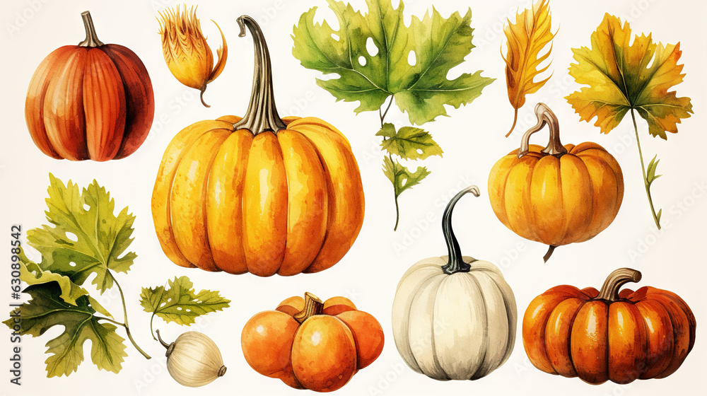 watercolor drawings of pumpkin and sunflower with flower arrangements isolated on a white background, in the style of detailed botanical illustrations, green and amber, scientific illustrations, wallp