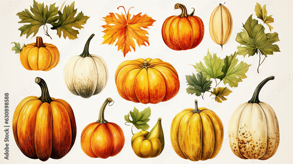 watercolor drawings of pumpkin and sunflower with flower arrangements isolated on a white background, in the style of detailed botanical illustrations, green and amber, scientific illustrations, wallp watercolor drawings of pumpkin and sunflower with flower arrangements isolated on a white background, in the style of detailed botanical illustrations, green and amber, scientific illustrations, wallp