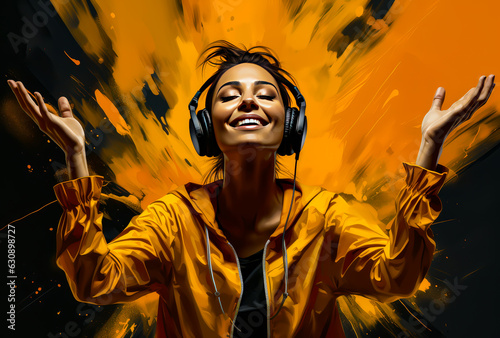 a girl wearing yoga making a victory sign, dressed in yellow on yellow background, with headphones