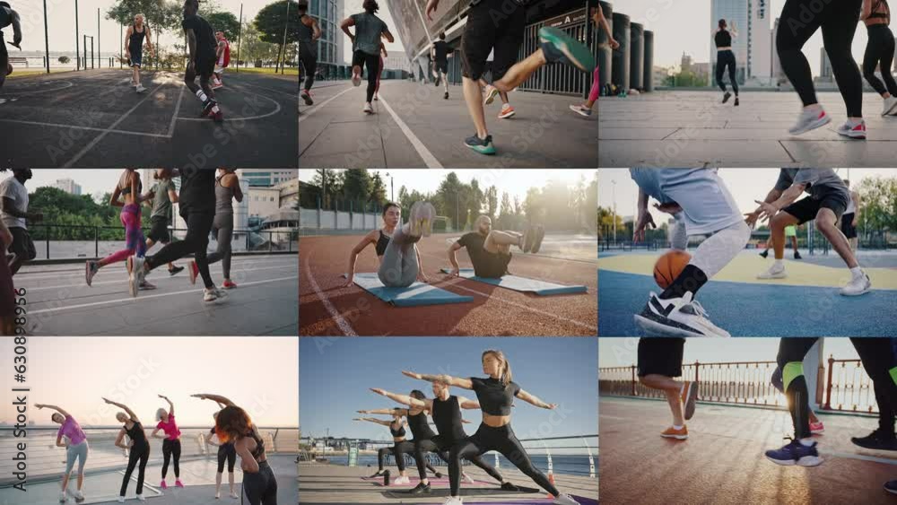 Collage of motivated active people training on fresh air