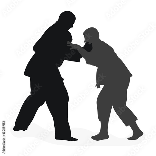 Image silhouette judoka. Judo, martial art, sportsmanship, wrestling, duel, grappling, combating, fighting, struggle