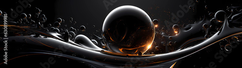 Unveiling the enigma of metal - An expansive ultra-wide background featuring a large metallic sphere surrounded by mesmerizing bubbling and flowing liquid mercury (Generative AI)