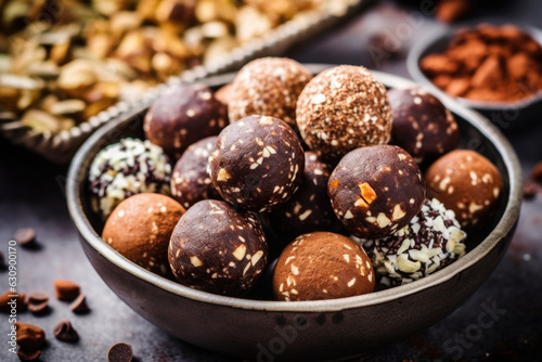 Delectable chocolate balls served in bowl with an assortment of nuts. Concept of food, recipe, dessert and any culinary designs