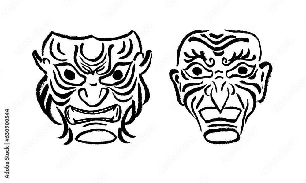 Set of two vector samurai masks.Calligraphic brush, hand drawing, sketch. Japanese culture, tradition, minimalism. Black on white. Eps10 Set of two vector samurai masks.Calligraphic brush, hand drawing, sketch. Japanese culture, tradition, minimalism. Black on white. Eps10