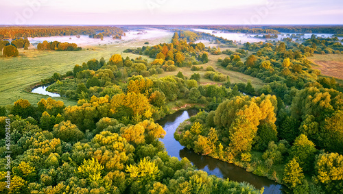 Aerial summer sunrise view. Rural landscape, river meandering in forest green trees. Morning Misty Scene. Serene atmosphere fog panorama. Agriculture fields, wood on riverbank
