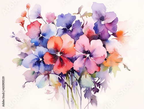 Watercolor composition of violets flowers in bouquet a white background