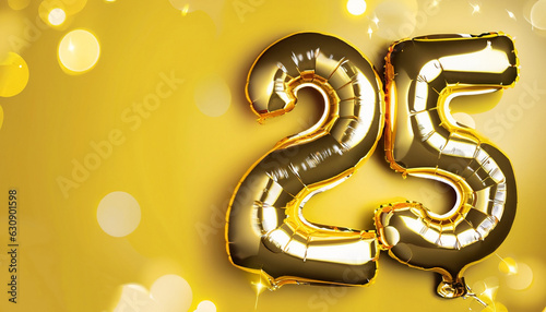 Banner with number 25 golden balloons with copy space. Twenty five years anniversary celebration concept on a yellow background with shiny bokeh. photo