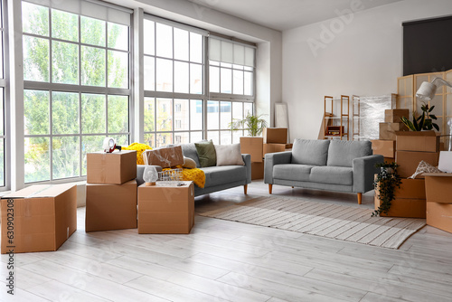Sofas with cardboard boxes in living room on moving day © Pixel-Shot