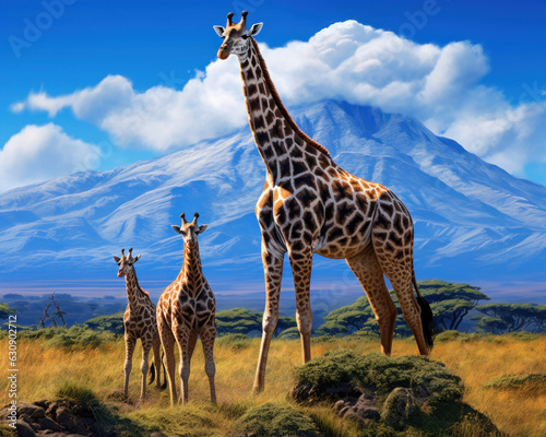 Giraffe on savannah with Mount Kilimanjaro in the background