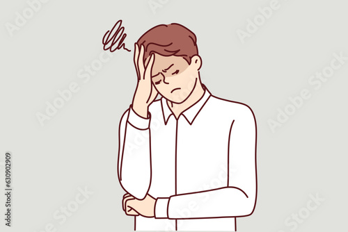 Distressed man suffers from psychological disorder caused by lack of friends and unpromising job. Distressed guy closes eyes and leans head on hands, experiencing regular stress and frustration.