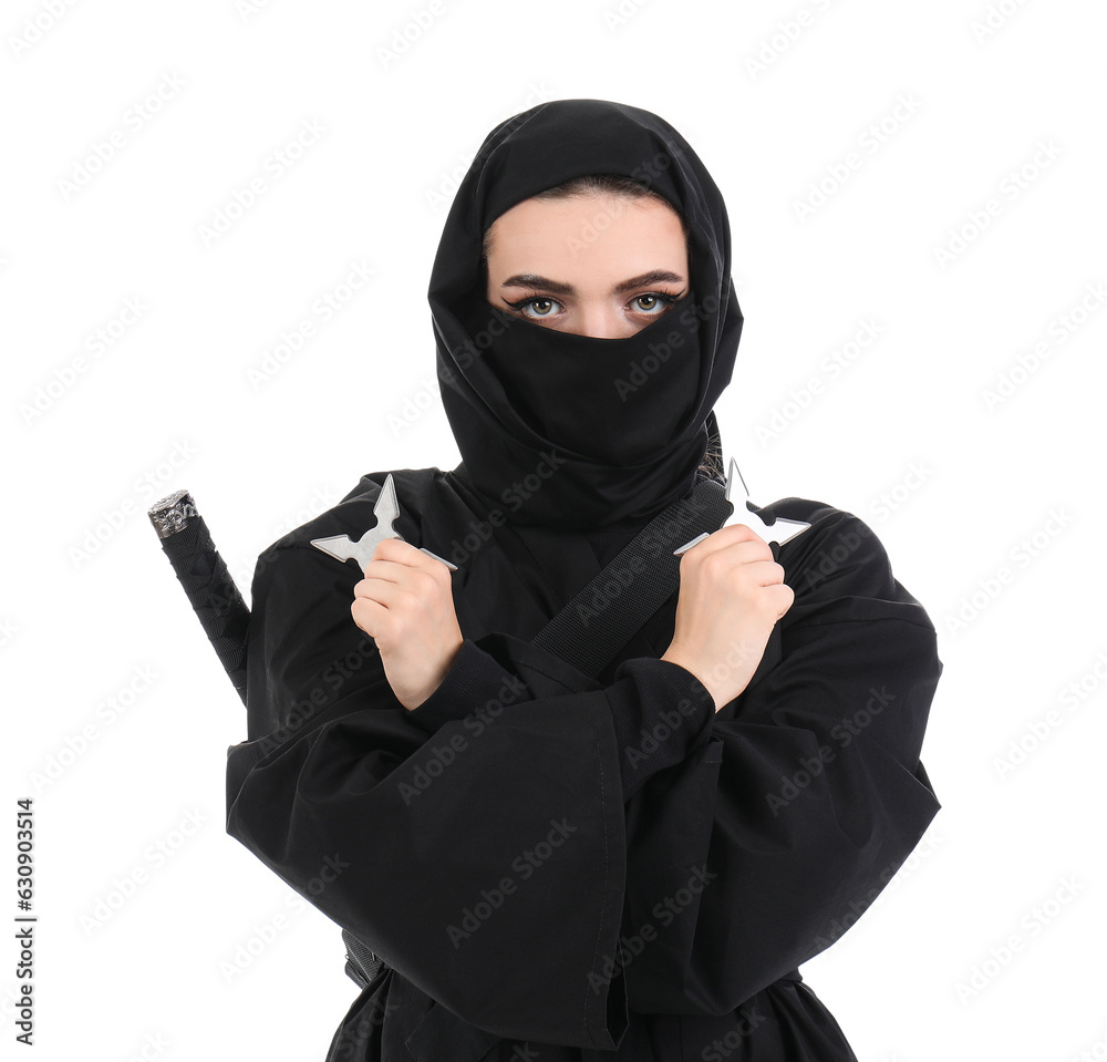Female ninja with shurikens on white background Female ninja with shurikens on white background
