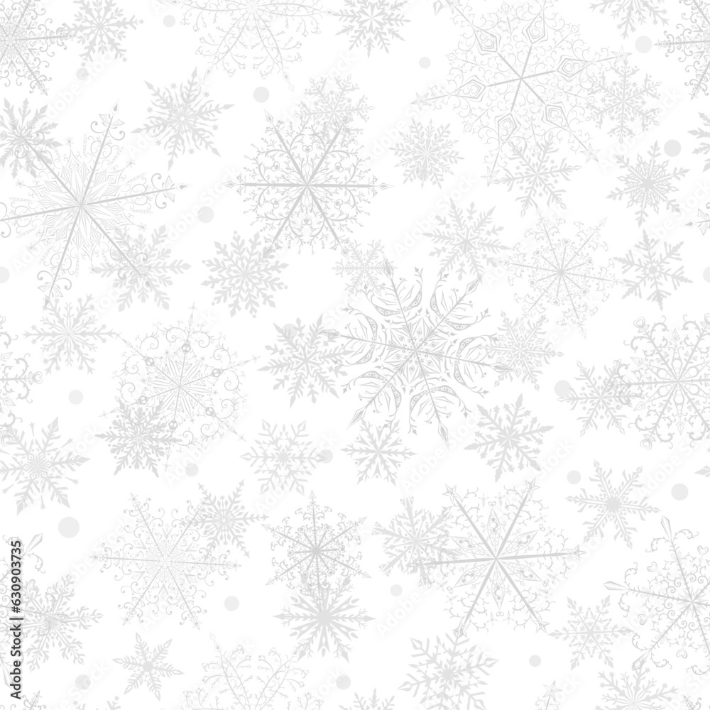 Christmas seamless pattern of beautiful complex gray snowflakes on white background. Winter illustration with falling snow