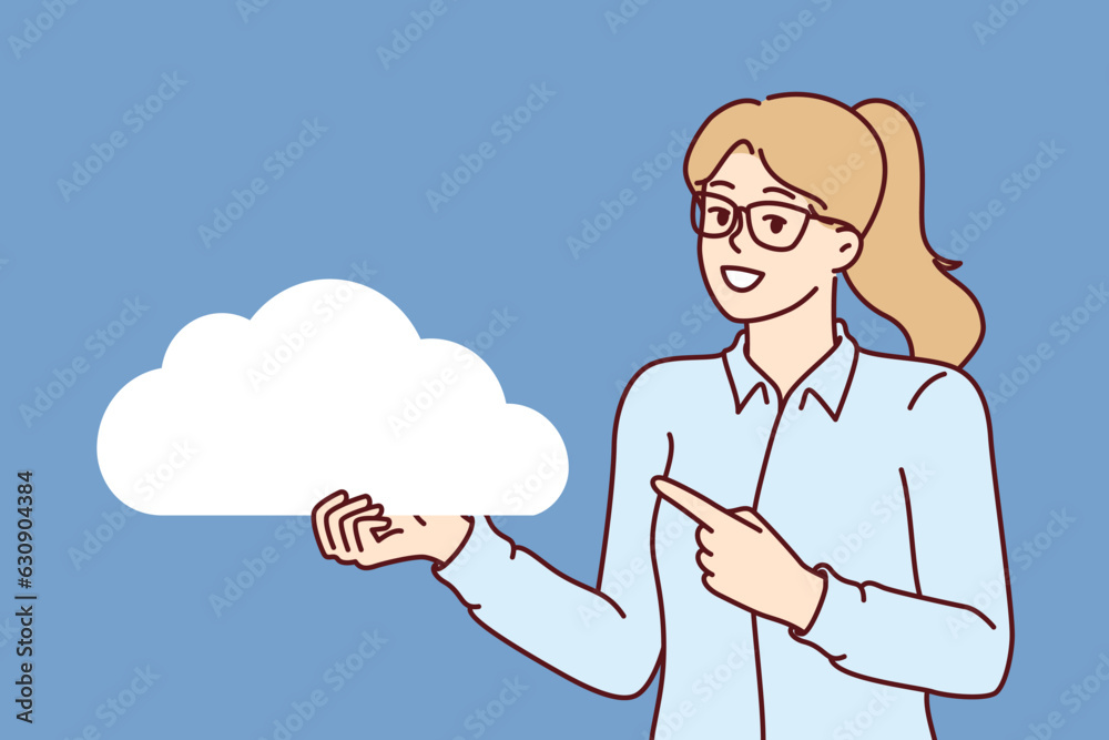 Woman demonstrates cloud symbolizing internet technology and virtual servers for storing and processing data. Positive businesswoman recommends using cloud storage and developing IT