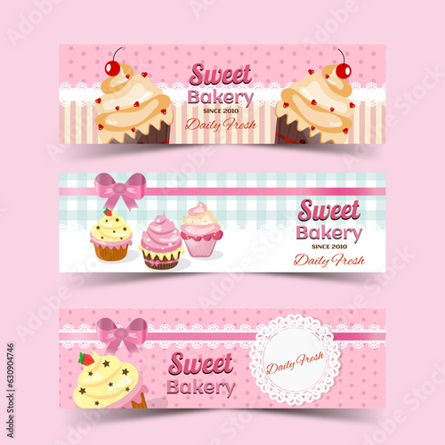 Set sweet cupcakes horizontal banners in vector illustration