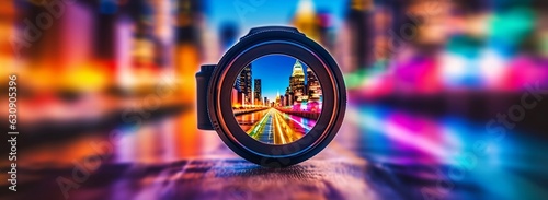 a camera lens being photographed in bright color lights