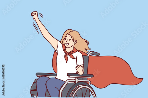 Woman with wheelchair in superhero cape symbolizes determination to overcome difficulties. Girl rides in wheelchair and feels strong and healthy despite health problems after car accident