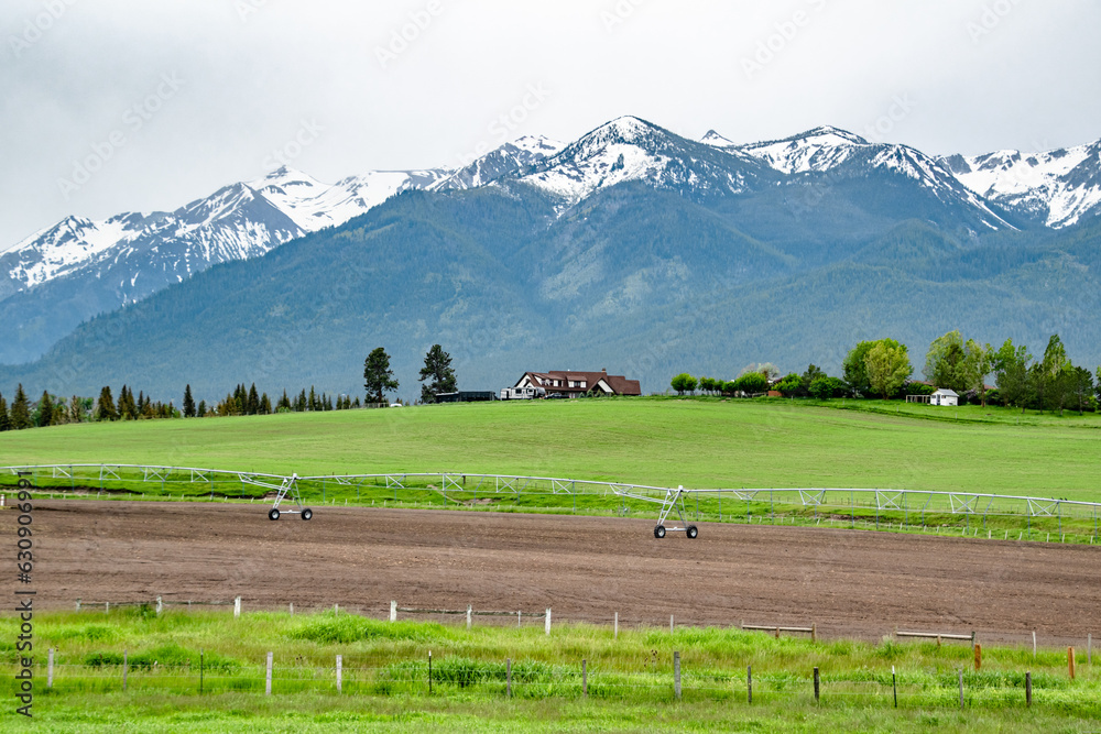 Rural Farm House in front of Wallowa Mountains on Green Rolling Hills in Countryside of Eastern Oregon