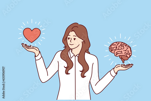 Woman maintains balance in career and personal life by standing near heart with brain and trying to live in harmony. Businesswoman observes balance, choose between romance or career