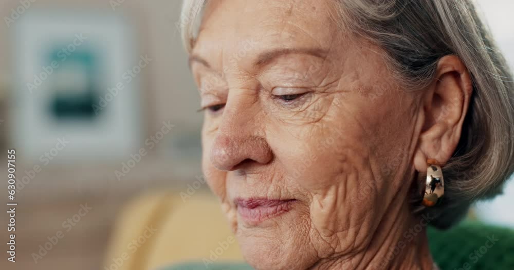 Senior woman, face closeup and memory in a retirement home with happy thinking and nostalgia. Elderly female person, relax and smile in a living room on a sofa with gratitude on a lounge couch Senior woman, face closeup and memory in a retirement home with happy thinking and nostalgia. Elderly female person, relax and smile in a living room on a sofa with gratitude on a lounge couch
