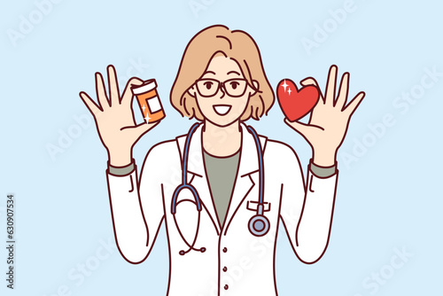 Woman doctor holds heart and medicine for treatment of cardio diseases and arrhythmia or tachycardia. Doctor recommends not to neglect cardiovascular ailments causing myocardial infarction