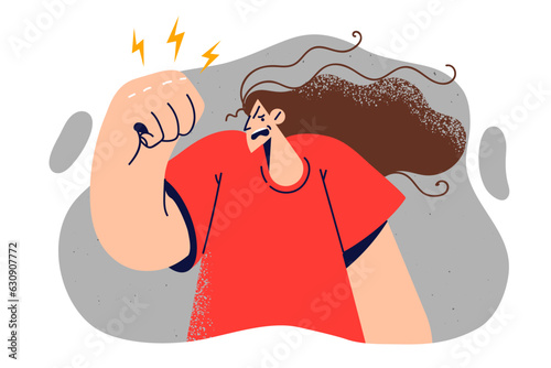 Angry woman raises fist and cries in protest against oppression of women and discriminatory actions