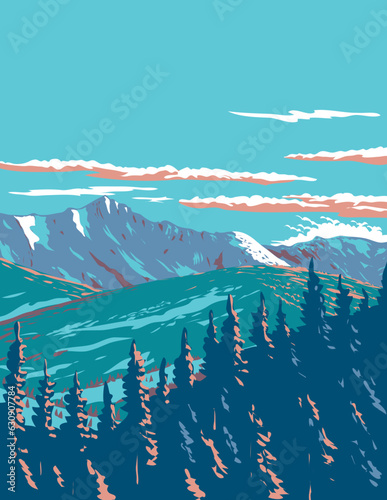 WPA poster art of Lone Mountain in Madison Range in Lee Metcalf Wilderness within Gallatin and Beaverhead Deerlodge National Forest, Montana done in works project administration or Art Deco style.
