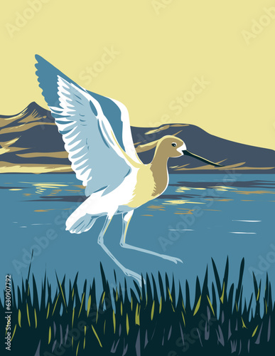 WPA poster art of American Avocet in the Great Salt Lake, America's Dead Sea located in Salt Lake City, Utah United States done in works project administration or Art Deco style.
 photo