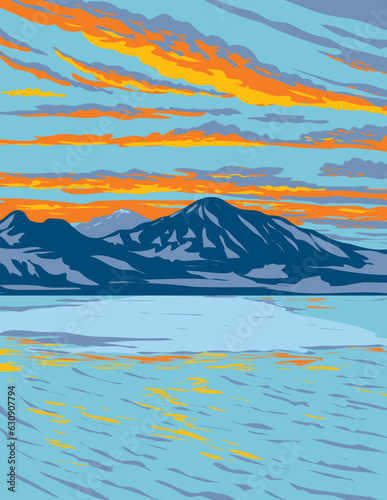 WPA poster art of Bonneville Salt Flats, a densely packed salt pan in Tooele County in northwestern Utah, United States done in works project administration or Art Deco style.
