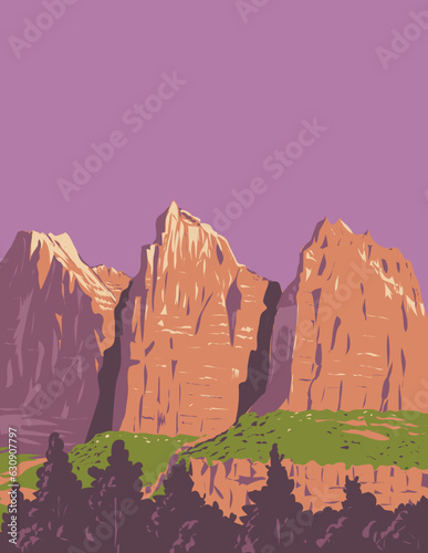 WPA poster art of the Three Patriarchs in Zion National Park located near Springdale in Utah, United States done in works project administration or Art Deco style.
