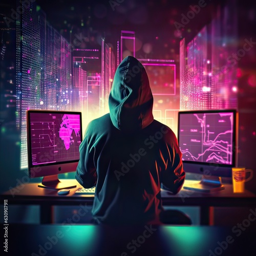 Hacker man use note book computer stealing confidential data, personal information,Computer security and technology. Generative AI illustration.
