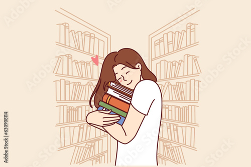 Girl hugs stack of books standing in library or bookstore and rejoicing at opportunity to read lot. Female student bookworm holding books and experiencing happiness anticipating reading