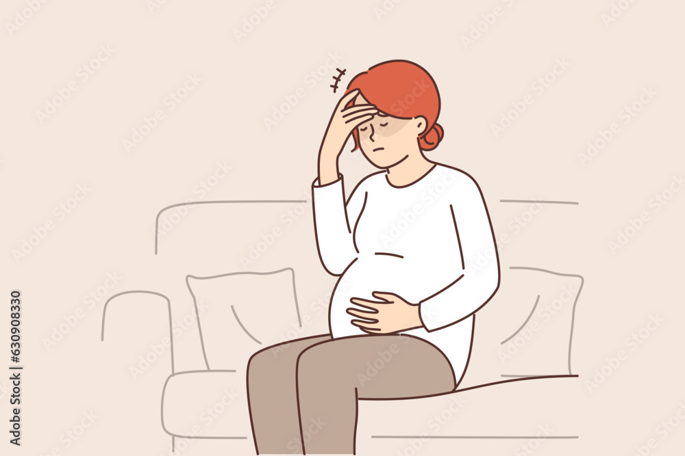 Pregnant woman feeling headache and migraine sitting on couch and waiting for doctor