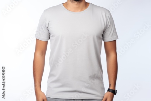 Young man in a grey T-shirt on white background, mock up Generative AI