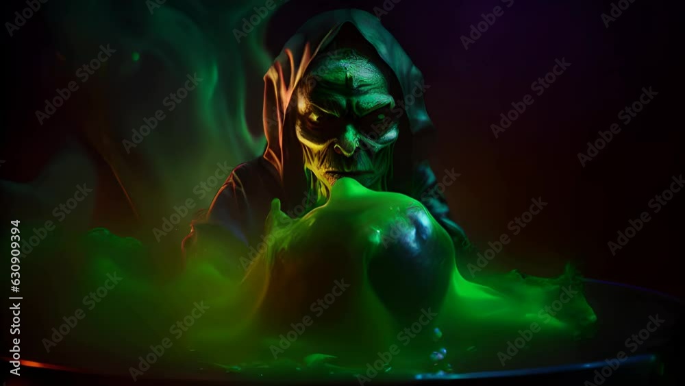 An ancient witch stirring a large cauldron of bubbling black liquid