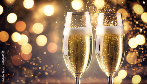Two glasses of champagne with glitter lights bokeh background
