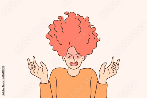Nervous woman with shaggy hair screams and experiences aggression due to psychological disorder