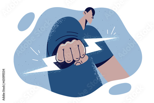 Man clenched lightning in fist and became in threatening pose to demonstrate determination