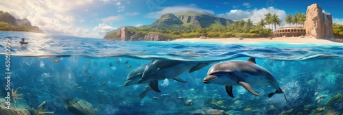 underwater and surface world. dolphins against the backdrop of a vibrant coral reef teeming with marine biodiversity, with an island paradise on the surface. 