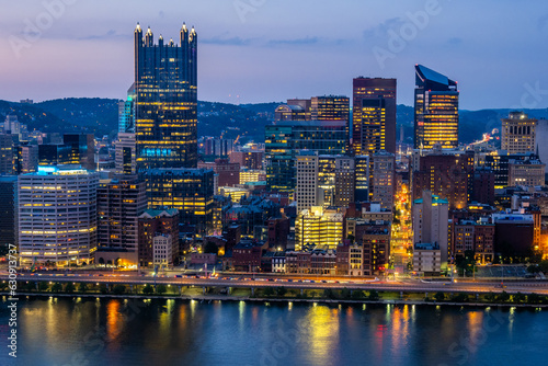 Sunset view of Pittsburgh downtown from Grand View at Mount Washington