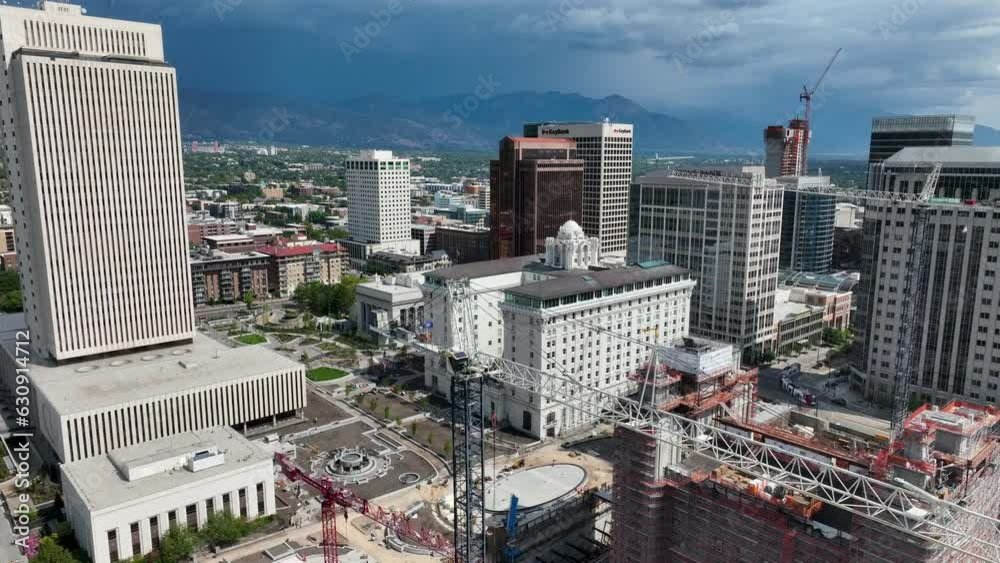 Aerial downtown Salt Lake City Utah LDS Church buildings 2 pull. City downtown business religious headquarters. The Church of Jesus Christ of Latter-day Saints temple Square. Tourist destination. Aerial downtown Salt Lake City Utah LDS Church buildings 2 pull. City downtown business religious headquarters. The Church of Jesus Christ of Latter-day Saints temple Square. Tourist destination.
