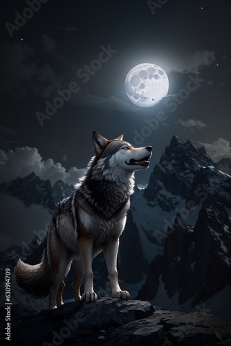 image of a wolf howling at the moon, its fur glistening in the moonlight. © Mohammed