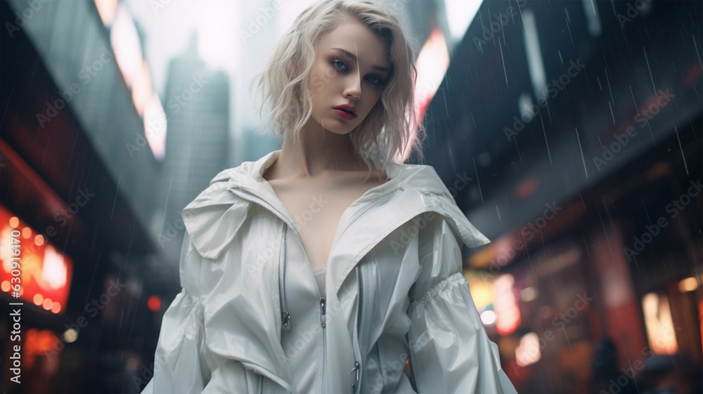 Fototapeta premium Stylish woman wearing white jacket with white short hair.