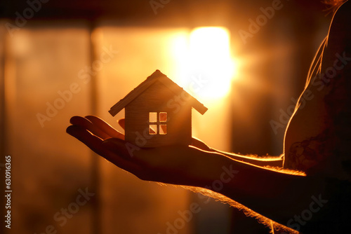 A woman hand holds wooden house silhouette against the sun. Home ownership concept, real estate concept