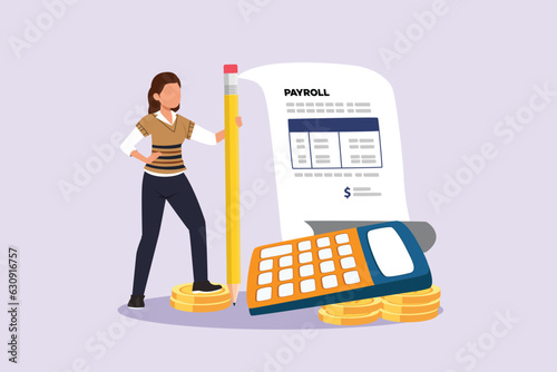 Freelancer filling invoice, distance job payroll, money transfer online, remote work payment, get salary on bank account concept. Colored flat vector illustration isolated. 