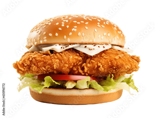 Fried chicken burger isolated on transparent background. PNG file, cut out