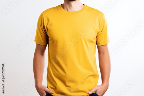 Young man in a yellow T-shirt on white background, mock up Generative AI