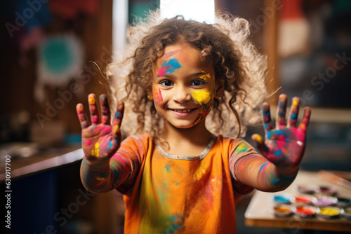 Artistic Freedom. Playful Child with Messy Painted Hands, Expressing Creativity Through Paint. AI Generative